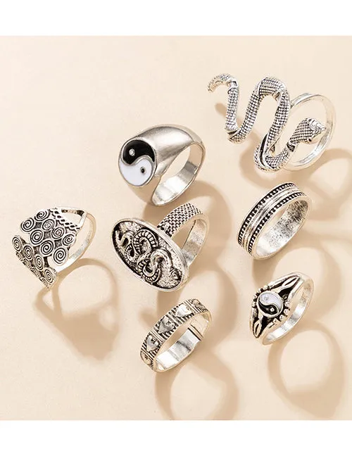 02 Rings RS86 Silver Color 7 pc Ring Set