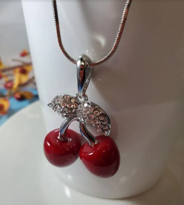 N985 Silver Red Cherry Rhinestone Necklace with FREE Earrings polly Necklaces