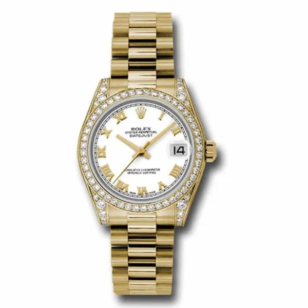 Bracelets Rolex Rolex Datejust 31mm Ref 178158 wrp White Dial Diamond Bezel Diamond Case 18K Yellow Gold President Bracelet Womens Watch