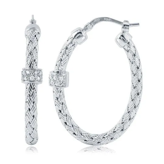 Croghans Earrings CZ Rhodium Plated Silver 3mm Mesh Oval Hoop Earrings