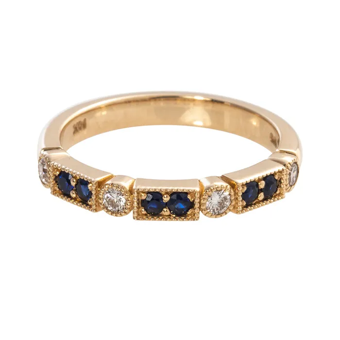 Croghans Rings Sapphire Diamond 14K Yellow Gold Milgrain Band