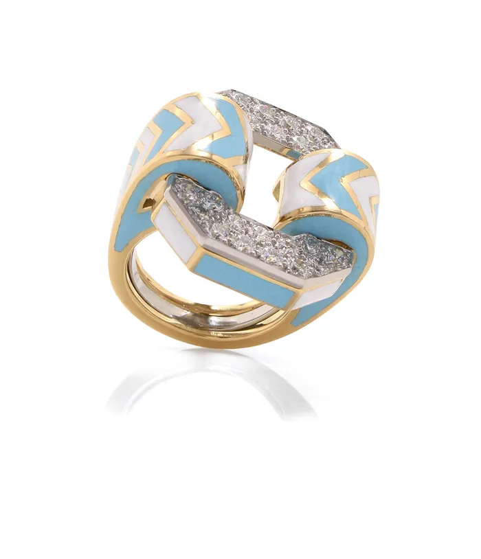 Rings David Webb Small Chevron Ring Light Blue and White Enamel