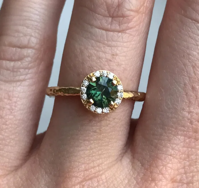 Anueva Jewelry Rings Diamond and Green Sapphire Engagement Ring in Hand Carved Recycled Yellow Gold Earthy Setting Emerald Sapphire Engagement Ring by Anueva