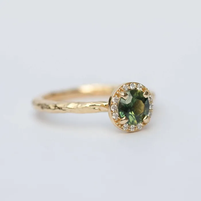 Anueva Jewelry Rings Diamond and Green Sapphire Engagement Ring in Hand Carved Recycled Yellow Gold Earthy Setting Emerald Sapphire Engagement Ring by Anueva Anueva Jewelry Rings Diamond and Green Sapphire Engagement Ring in Hand Carved Recycled Yellow Gold Earthy Setting Emerald Sapphire Engagement Ring by Anueva