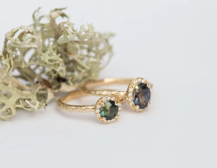 Anueva Jewelry Rings Diamond and Green Sapphire Engagement Ring in Hand Carved Recycled Yellow Gold Earthy Setting Emerald Sapphire Engagement Ring by Anueva Anueva Jewelry Rings Diamond and Green Sapphire Engagement Ring in Hand Carved Recycled Yellow Gold Earthy Setting Emerald Sapphire Engagement Ring by Anueva