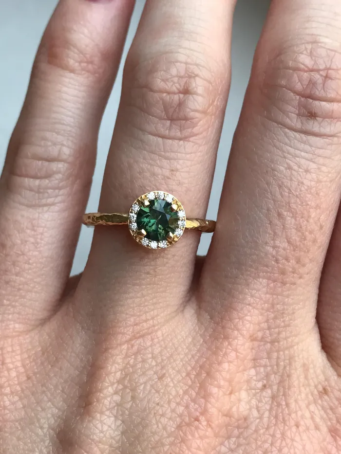 Anueva Jewelry Rings Diamond and Green Sapphire Engagement Ring in Hand Carved Recycled Yellow Gold Earthy Setting Emerald Sapphire Engagement Ring by Anueva Anueva Jewelry Rings Diamond and Green Sapphire Engagement Ring in Hand Carved Recycled Yellow Gold Earthy Setting Emerald Sapphire Engagement Ring by Anueva