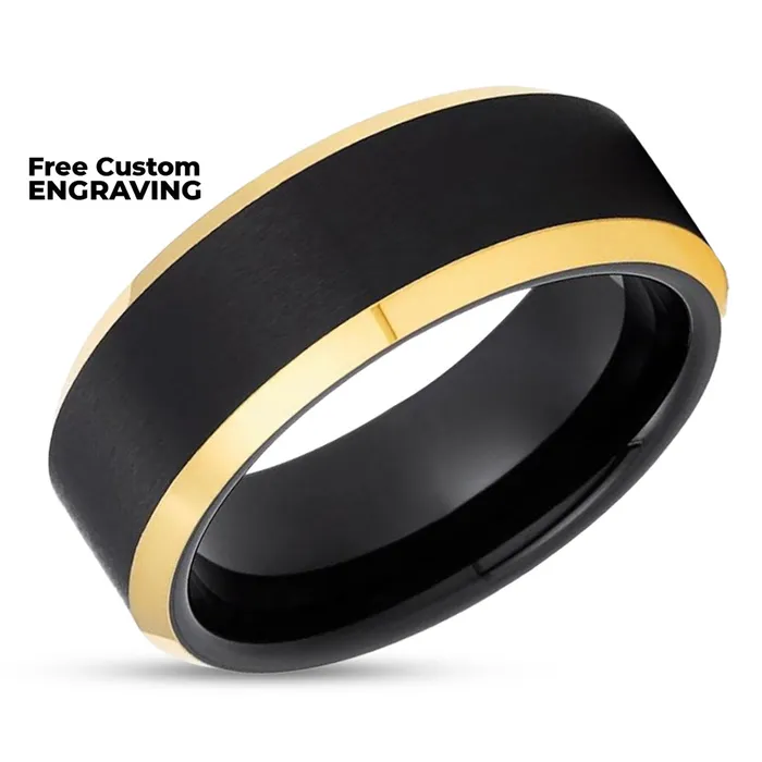 Black Wedding Ring Yellow Gold Wedding Ring Black Tungsten Ring 18k Yellow Gold Clean Casting Jewelry Rings
