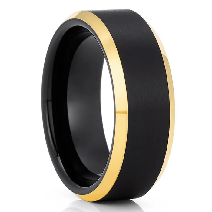Black Wedding Ring Yellow Gold Wedding Ring Black Tungsten Ring 18k Yellow Gold Clean Casting Jewelry Rings
