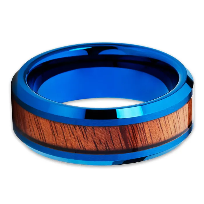 Koa Wood Tungsten Wedding Band Blue Tungsten Ring Blue Tungsten 8mm Clean Casting Jewelry Rings