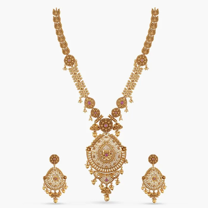Swara Floral Jhumki Statement Long Necklace Set SILVER Necklaces