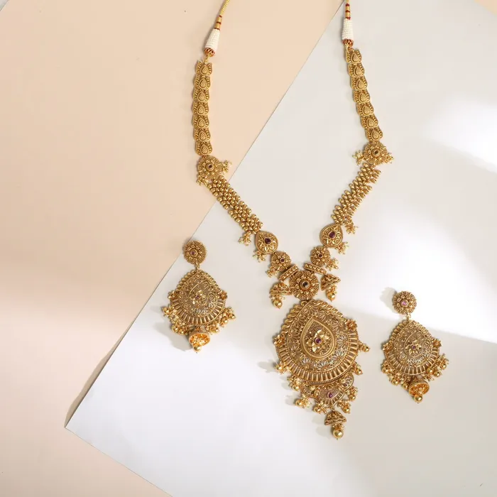 Swara Floral Jhumki Statement Long Necklace Set SILVER Necklaces
