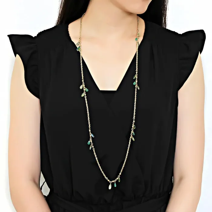 3W1537 Gold Brass Necklace with Synthetic Jade in Emerald Alamode Necklaces