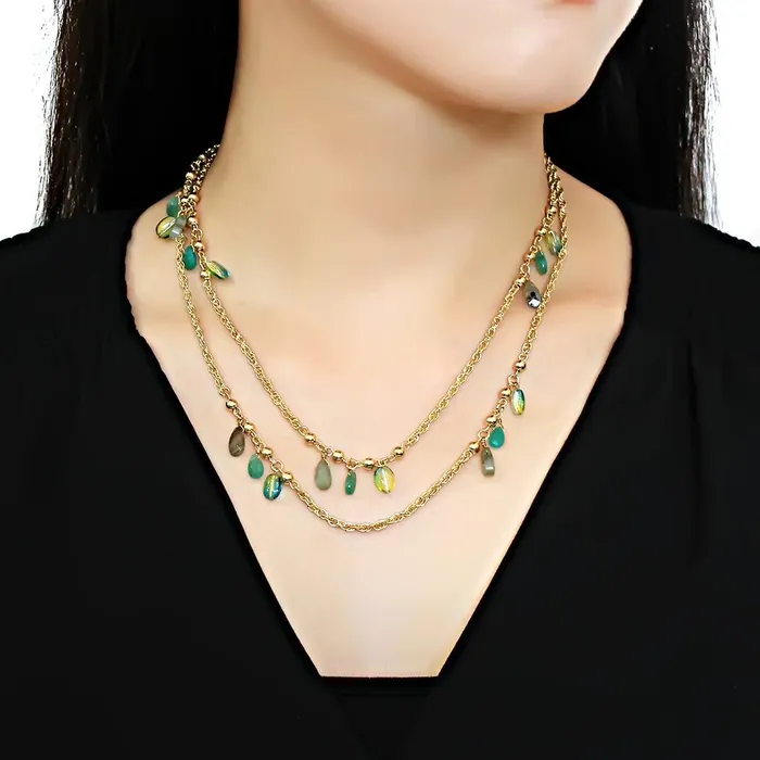 3W1537 Gold Brass Necklace with Synthetic Jade in Emerald Alamode Necklaces