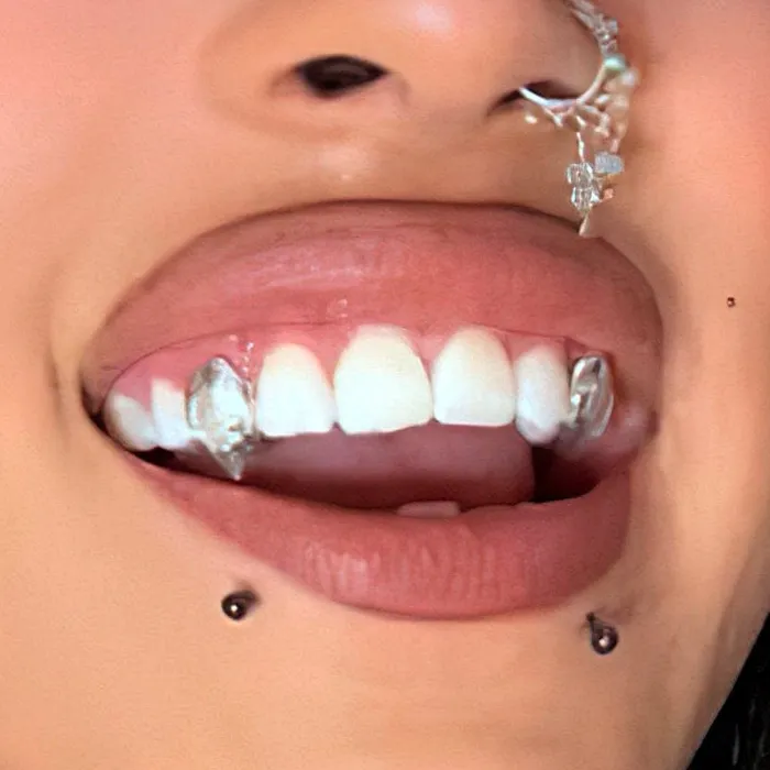 925 Silver Diamond Dust Vampire Fangs Custom Grillz wBack Bar Bling Cartel Admin Rings