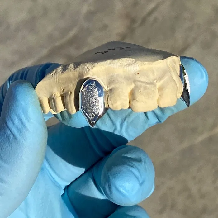 925 Silver Diamond Dust Vampire Fangs Custom Grillz wBack Bar Bling Cartel Admin Rings