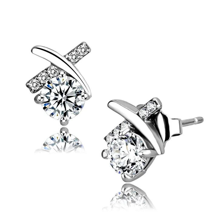 Alamode Earrings DA205 High polished no plating Stainless Steel Earrings with AAA Grade CZ in Clear