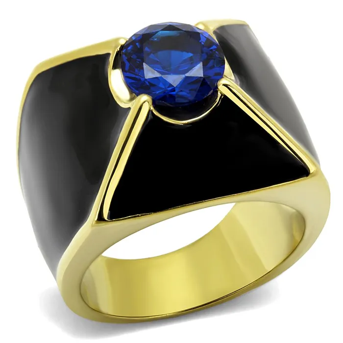 Alamode Rings TK2640 IP GoldIon Plating Stainless Steel Ring with AAA Grade CZ in London Blue Alamode Rings TK2640 IP GoldIon Plating Stainless Steel Ring with AAA Grade CZ in London Blue