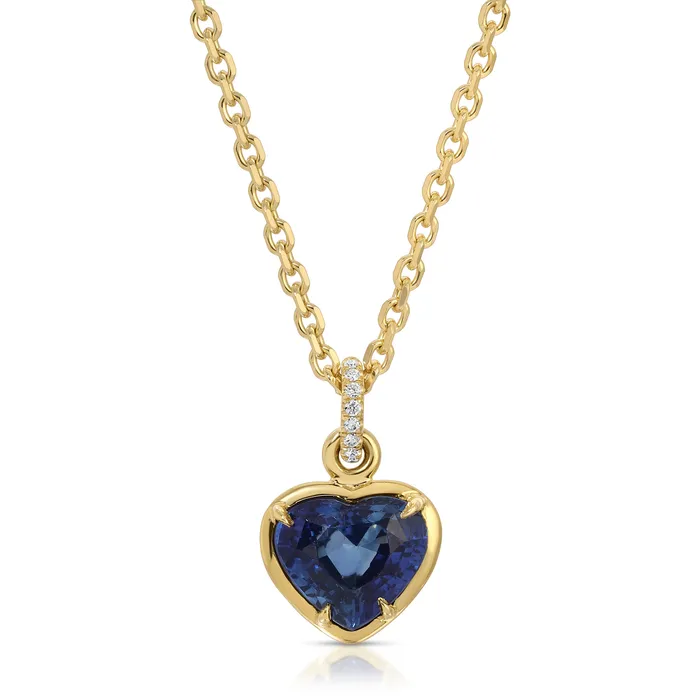 anitako BEZELED BLUE SAPPHIRE HEART PENDANT WITH DIAMOND BAIL Necklaces