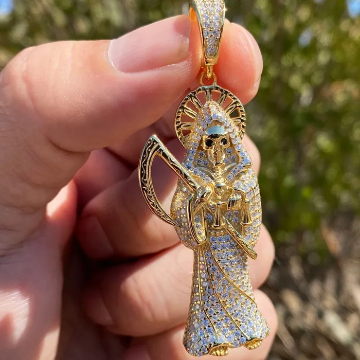 Bling Cartel Admin Necklaces 14k Gold Plated over 925 Sterling Silver La Santa Muerte CZ Pendant Bling Cartel Admin Necklaces 14k Gold Plated over 925 Sterling Silver La Santa Muerte CZ Pendant