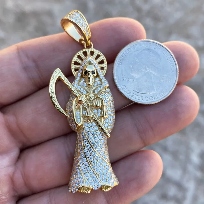 Bling Cartel Admin Necklaces 14k Gold Plated over 925 Sterling Silver La Santa Muerte CZ Pendant