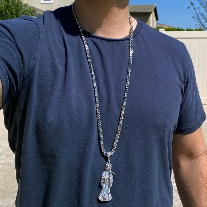 Bling Cartel Admin Necklaces La Santa Muerte Iced Pendant Chain Stainless Steel Franco Necklace 36