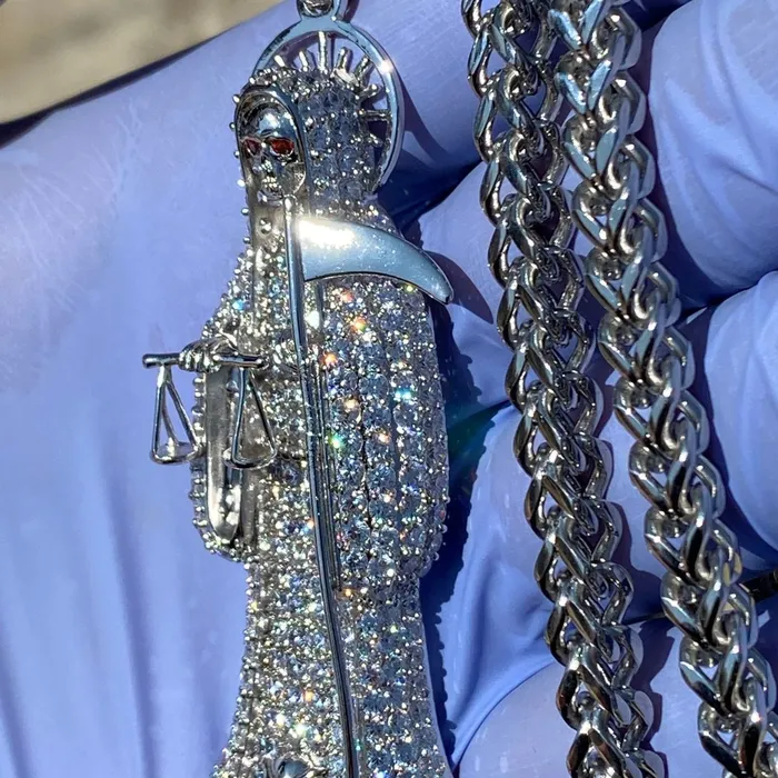 Bling Cartel Admin Necklaces La Santa Muerte Iced Pendant Chain Stainless Steel Franco Necklace 36