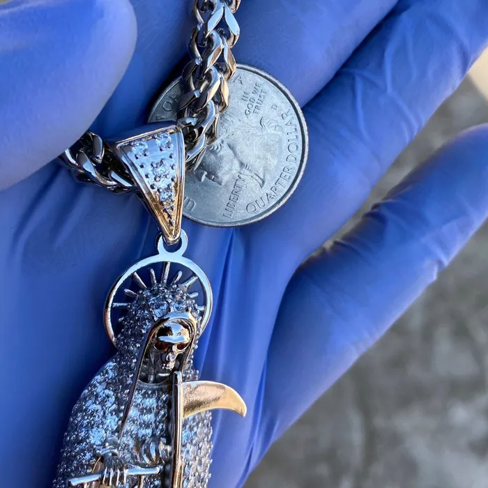 Bling Cartel Admin Necklaces La Santa Muerte Iced Pendant Chain Stainless Steel Franco Necklace 36