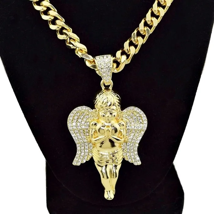 Bling Cartel Admin Necklaces Praying Angel Iced Pendant Gold Finish 30 Cuban Chain Bling Cartel Admin Necklaces Praying Angel Iced Pendant Gold Finish 30 Cuban Chain