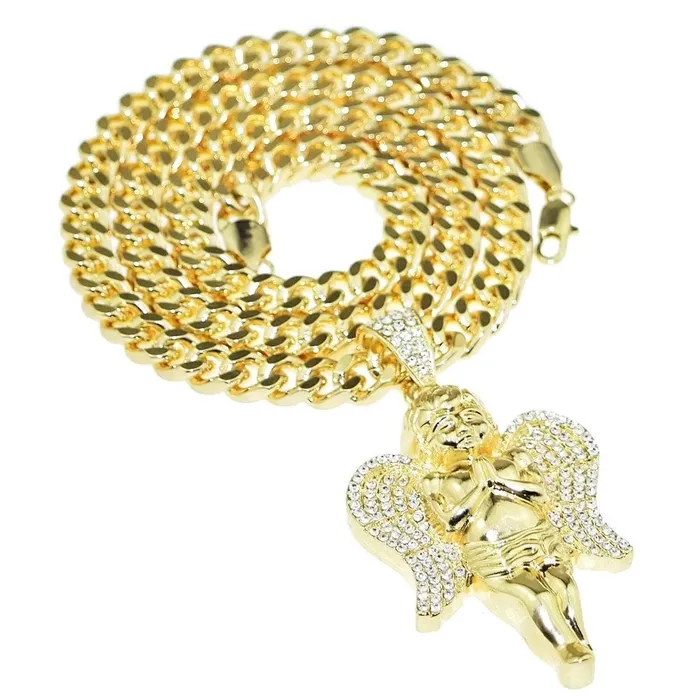 Bling Cartel Admin Necklaces Praying Angel Iced Pendant Gold Finish 30 Cuban Chain