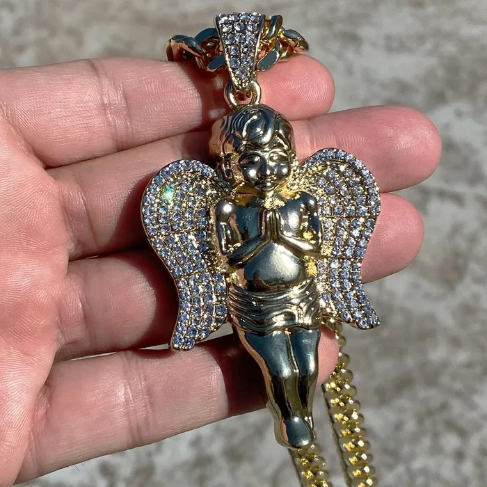 Bling Cartel Admin Necklaces Praying Angel Iced Pendant Gold Finish 30 Cuban Chain