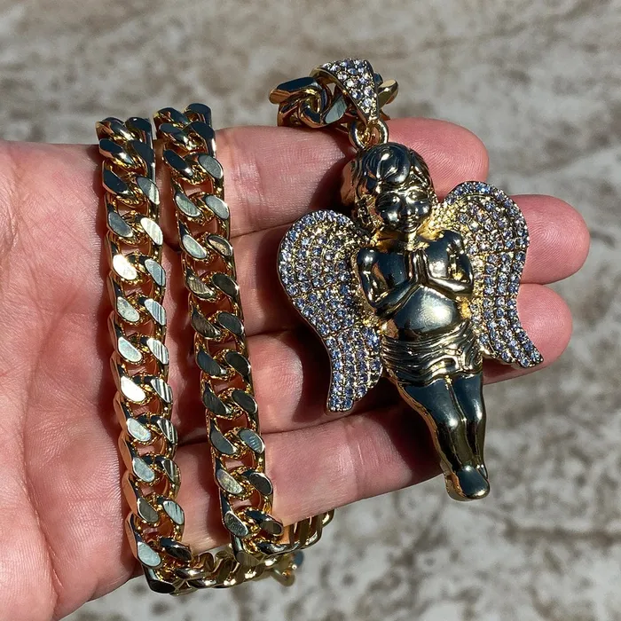 Bling Cartel Admin Necklaces Praying Angel Iced Pendant Gold Finish 30 Cuban Chain