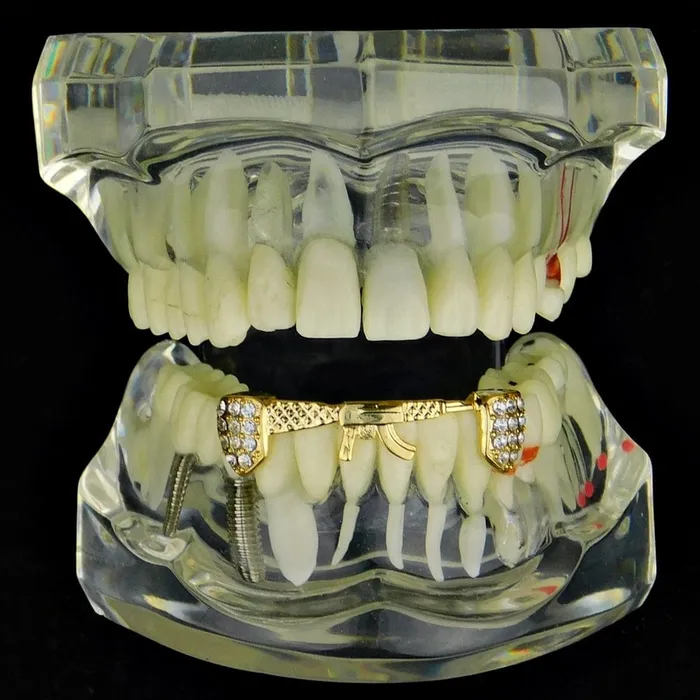 Bling Cartel Admin PreStyled Sets 14K Gold Plated AK47 Gun Bottom Teeth Iced Grillz