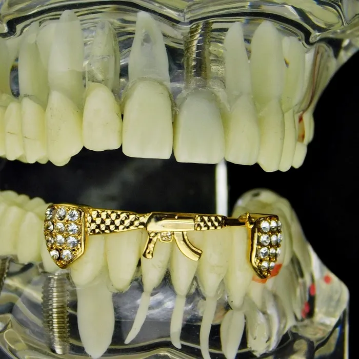 Bling Cartel Admin PreStyled Sets 14K Gold Plated AK47 Gun Bottom Teeth Iced Grillz