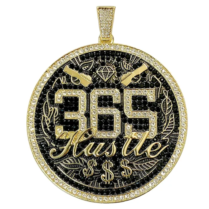 Bling Cartel PreStyled Sets 14K Gold Finish 365 Hustle Jumbo Pendant Iced Medallion Bling Cartel PreStyled Sets 14K Gold Finish 365 Hustle Jumbo Pendant Iced Medallion