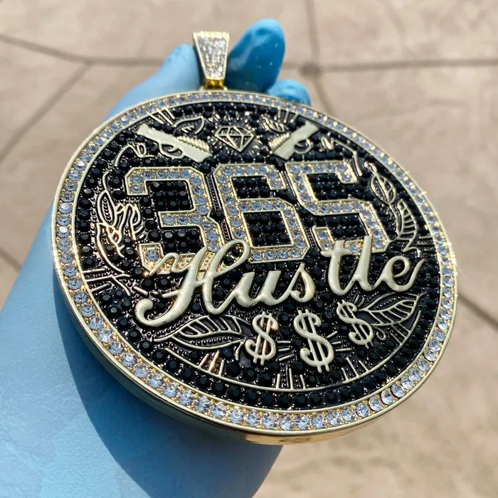 Bling Cartel PreStyled Sets 14K Gold Finish 365 Hustle Jumbo Pendant Iced Medallion Bling Cartel PreStyled Sets 14K Gold Finish 365 Hustle Jumbo Pendant Iced Medallion