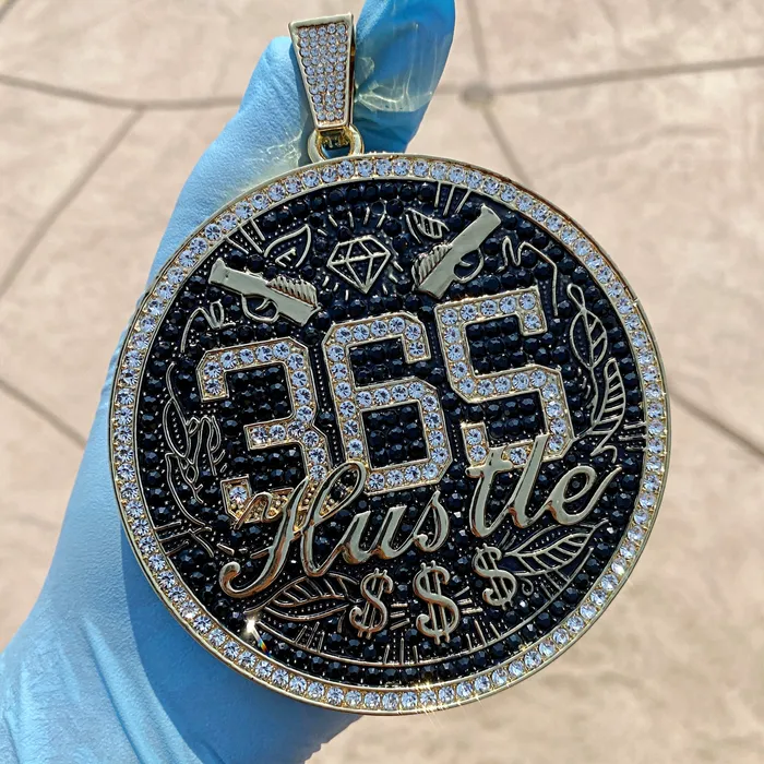 Bling Cartel PreStyled Sets 14K Gold Finish 365 Hustle Jumbo Pendant Iced Medallion Bling Cartel PreStyled Sets 14K Gold Finish 365 Hustle Jumbo Pendant Iced Medallion