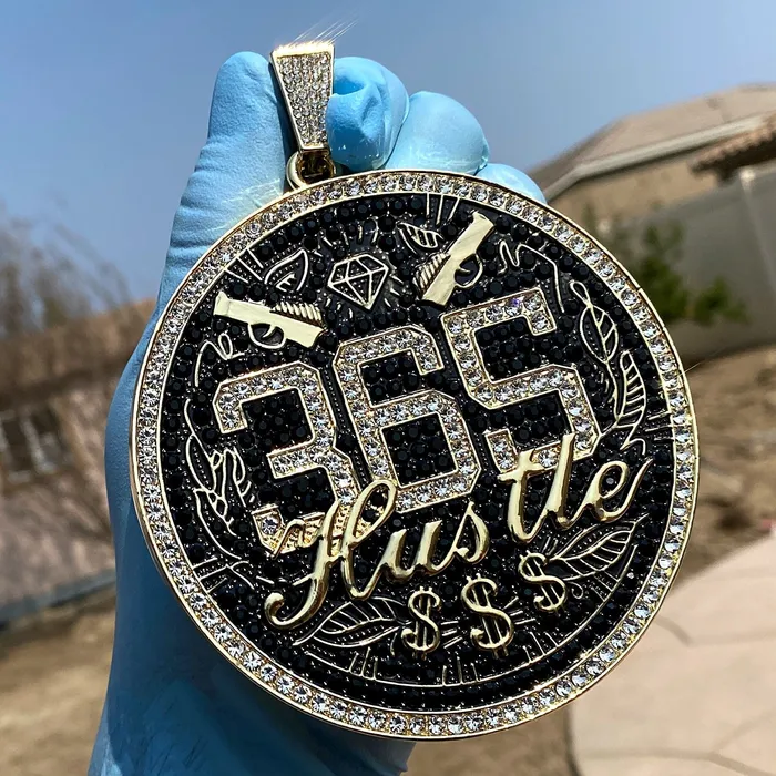 Bling Cartel PreStyled Sets 14K Gold Finish 365 Hustle Jumbo Pendant Iced Medallion Bling Cartel PreStyled Sets 14K Gold Finish 365 Hustle Jumbo Pendant Iced Medallion