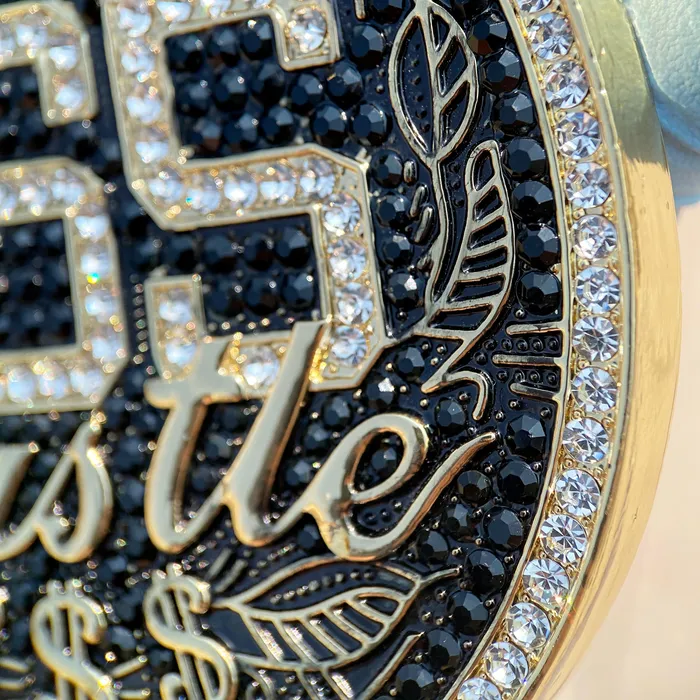 Bling Cartel PreStyled Sets 14K Gold Finish 365 Hustle Jumbo Pendant Iced Medallion Bling Cartel PreStyled Sets 14K Gold Finish 365 Hustle Jumbo Pendant Iced Medallion