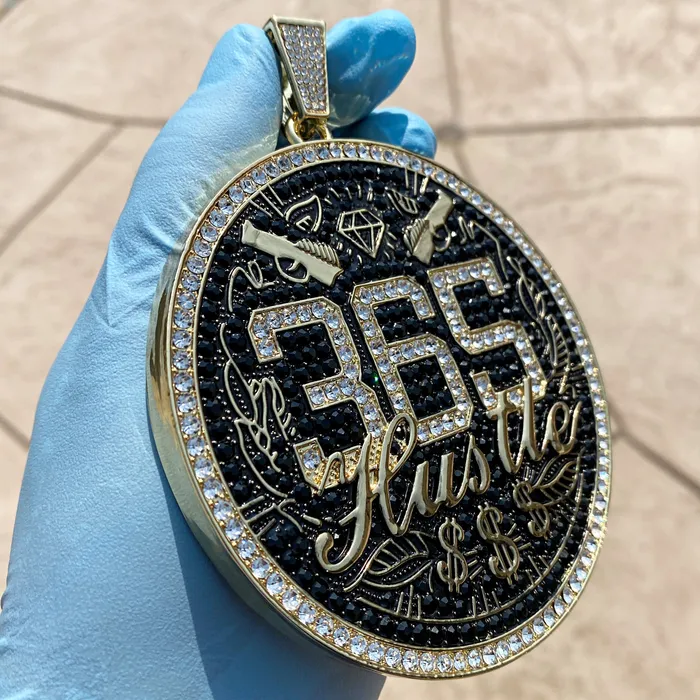 Bling Cartel PreStyled Sets 14K Gold Finish 365 Hustle Jumbo Pendant Iced Medallion Bling Cartel PreStyled Sets 14K Gold Finish 365 Hustle Jumbo Pendant Iced Medallion