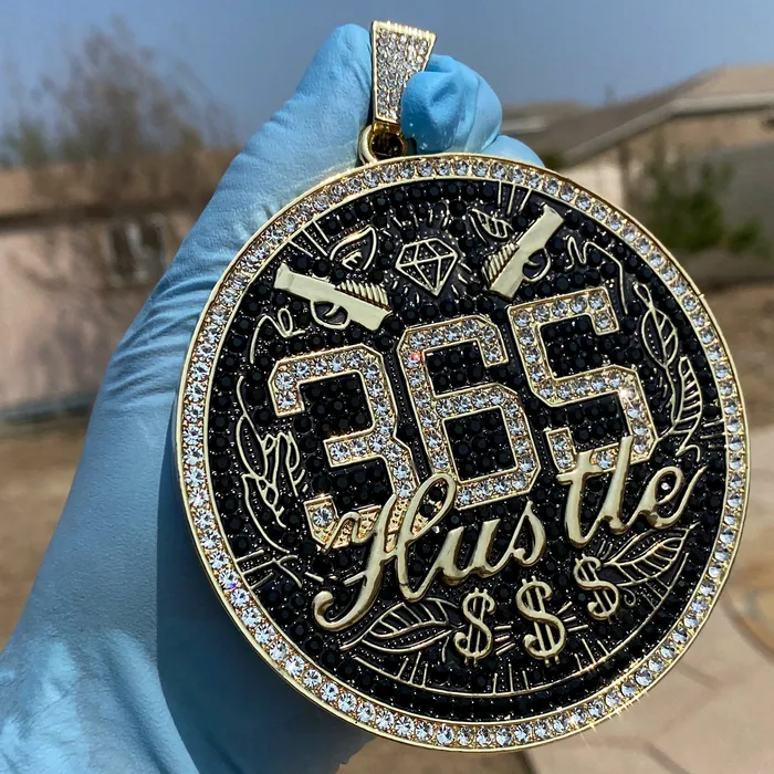 Bling Cartel PreStyled Sets 14K Gold Finish 365 Hustle Jumbo Pendant Iced Medallion Bling Cartel PreStyled Sets 14K Gold Finish 365 Hustle Jumbo Pendant Iced Medallion