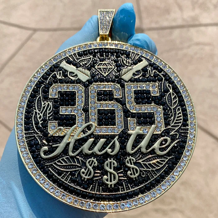Bling Cartel PreStyled Sets 14K Gold Finish 365 Hustle Jumbo Pendant Iced Medallion Bling Cartel PreStyled Sets 14K Gold Finish 365 Hustle Jumbo Pendant Iced Medallion