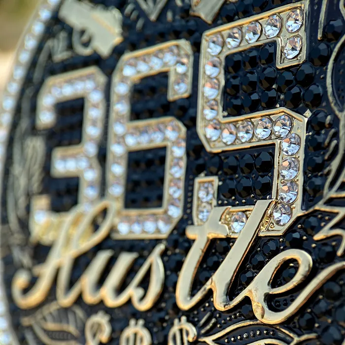 Bling Cartel PreStyled Sets 14K Gold Finish 365 Hustle Jumbo Pendant Iced Medallion Bling Cartel PreStyled Sets 14K Gold Finish 365 Hustle Jumbo Pendant Iced Medallion