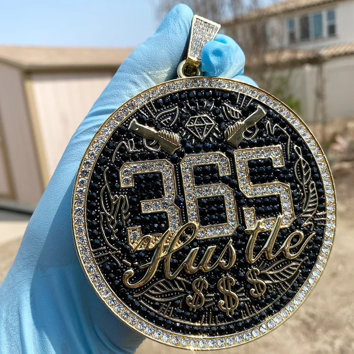 Bling Cartel PreStyled Sets 14K Gold Finish 365 Hustle Jumbo Pendant Iced Medallion Bling Cartel PreStyled Sets 14K Gold Finish 365 Hustle Jumbo Pendant Iced Medallion