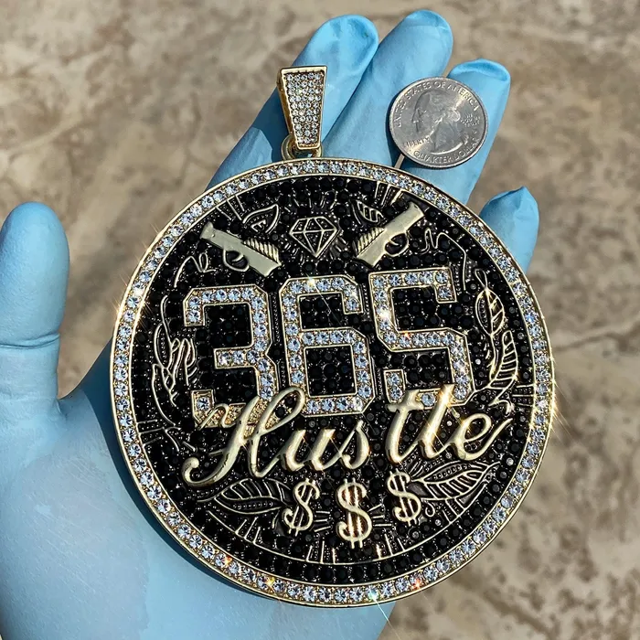 Bling Cartel PreStyled Sets 14K Gold Finish 365 Hustle Jumbo Pendant Iced Medallion Bling Cartel PreStyled Sets 14K Gold Finish 365 Hustle Jumbo Pendant Iced Medallion