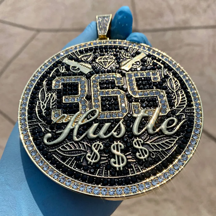 Bling Cartel PreStyled Sets 14K Gold Finish 365 Hustle Jumbo Pendant Iced Medallion Bling Cartel PreStyled Sets 14K Gold Finish 365 Hustle Jumbo Pendant Iced Medallion