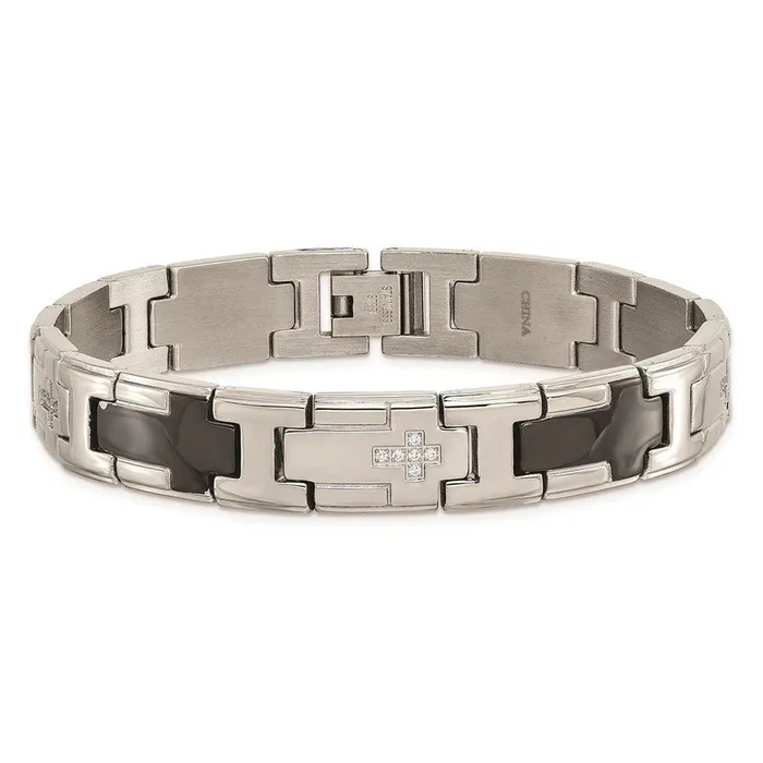 Bracelets Chisel Stainless Steel Polished Black IPplated with CZ Cross Bracelet Bracelets Chisel Stainless Steel Polished Black IPplated with CZ Cross Bracelet