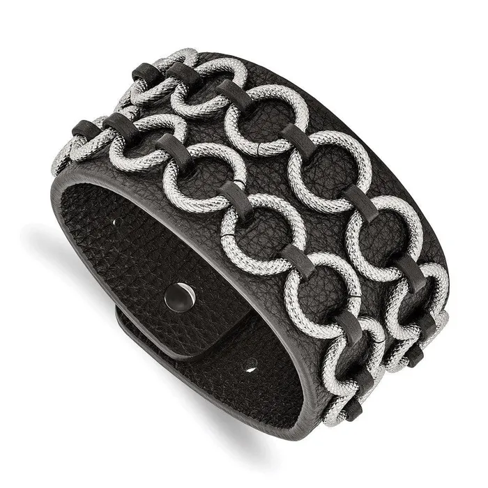 Chisel Bracelets Stainless Steel Polished Textured Black Leather Bracelet