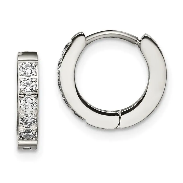Chisel Earrings Stainless Steel Polished with CZ 25mm Hinged Hoop Earrings