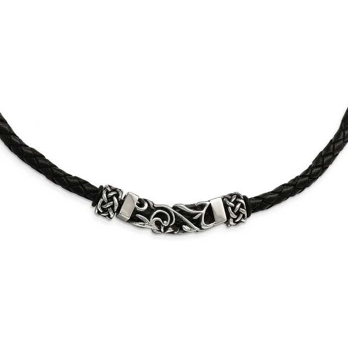 Chisel Necklaces Stainless Steel Black Leather wAntiqued Beads Necklace