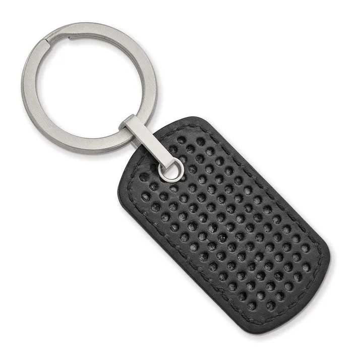 Chisel Rings Stainless Steel Brushed Textured Black Leather Stitched Key Ring